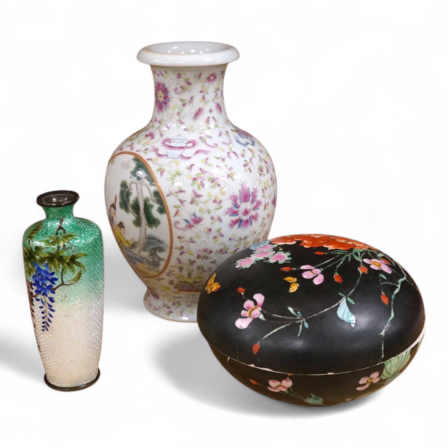 A Chinese famille rose vase, a powder box and an enamelled vase, largest 21cm high